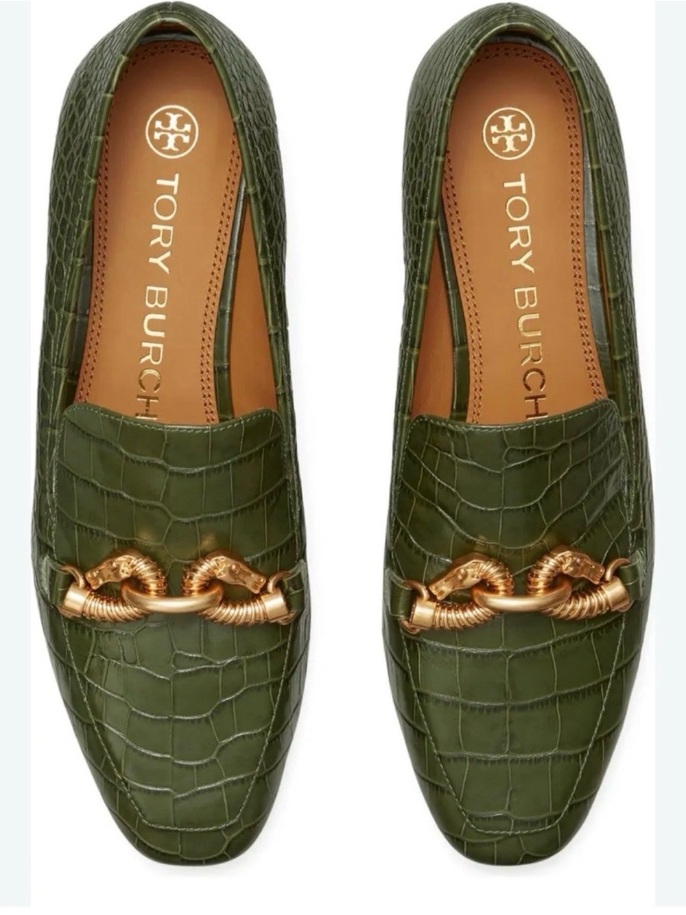 Tory Burch Green Croc-Embossed Leather Loafers with Gold Chain